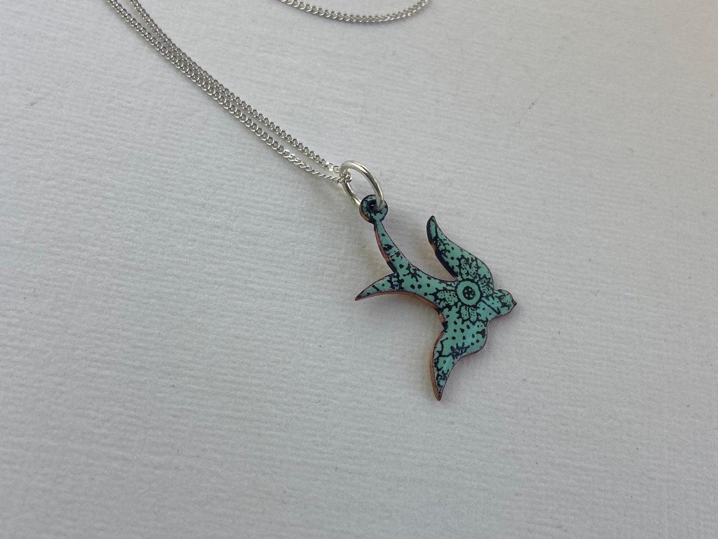 Swallow bird enamel necklace - blue or green - Katie Johnston Jewellery