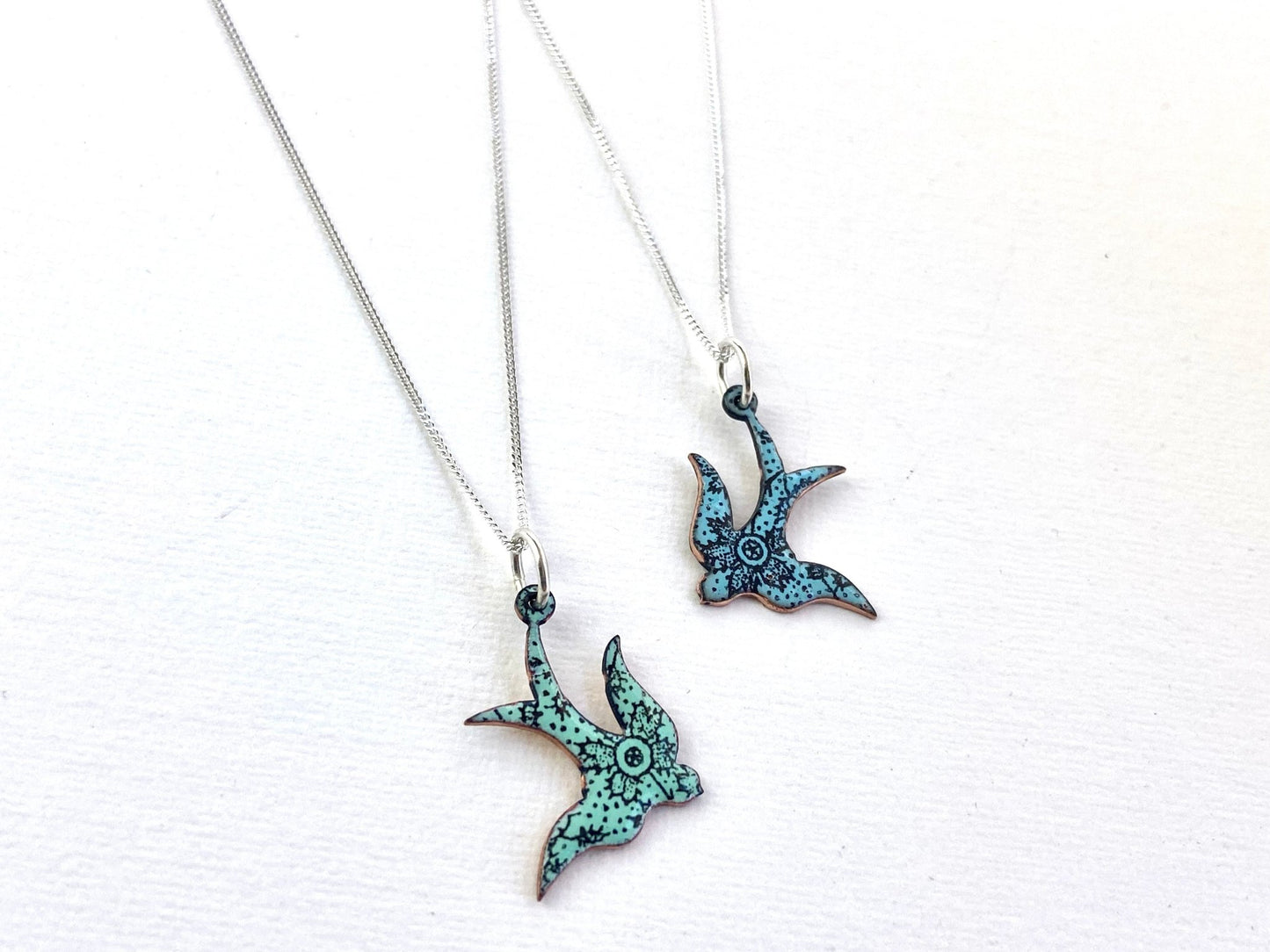 Swallow bird enamel necklace - blue or green - Katie Johnston Jewellery