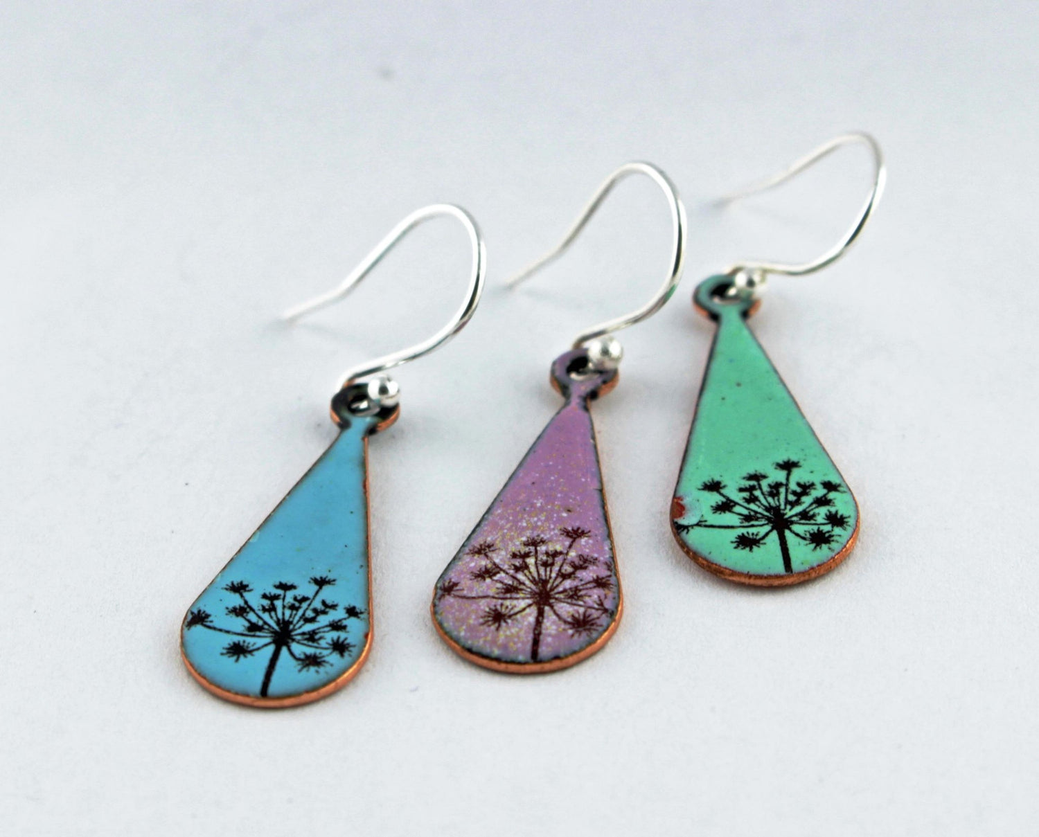 Cow parsley enamel earrings in either blue, green or lilac. - Katie Johnston Jewellery