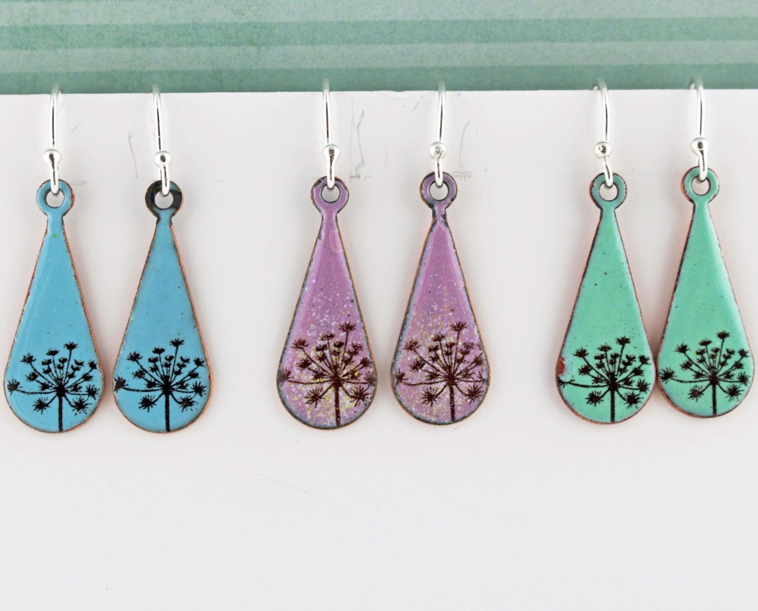 Cow parsley enamel earrings in either blue, green or lilac. - Katie Johnston Jewellery