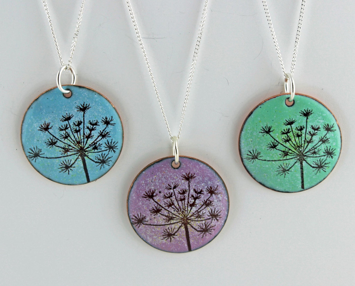 Cow Parsley Enamel Pendant on 18' sterling silver chain available in blue, green, lilac/pink - Katie Johnston Jewellery