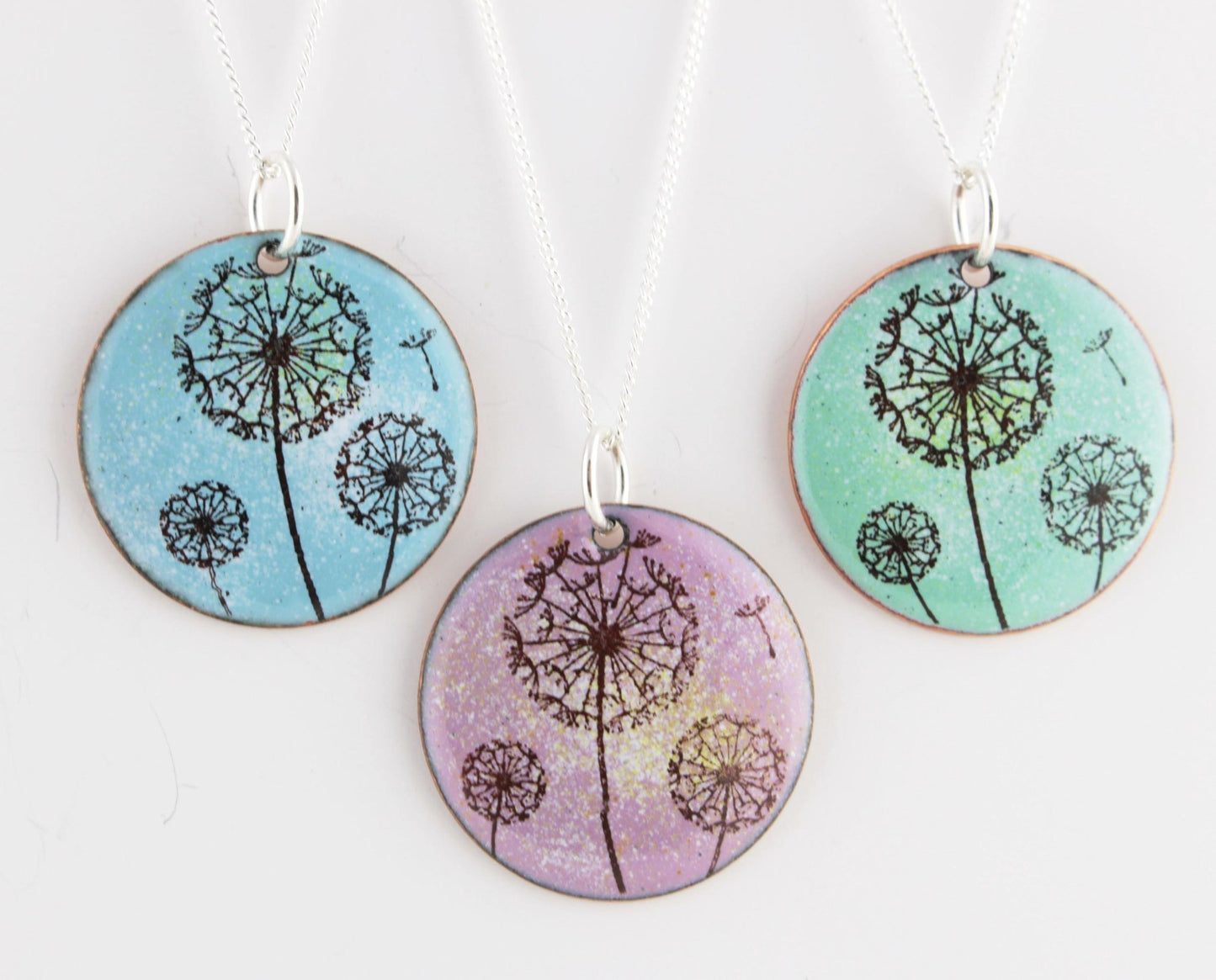 Dandelion Enamel Pendant on 18' sterling silver chain available in blue, green, lilac/pink. - Katie Johnston Jewellery
