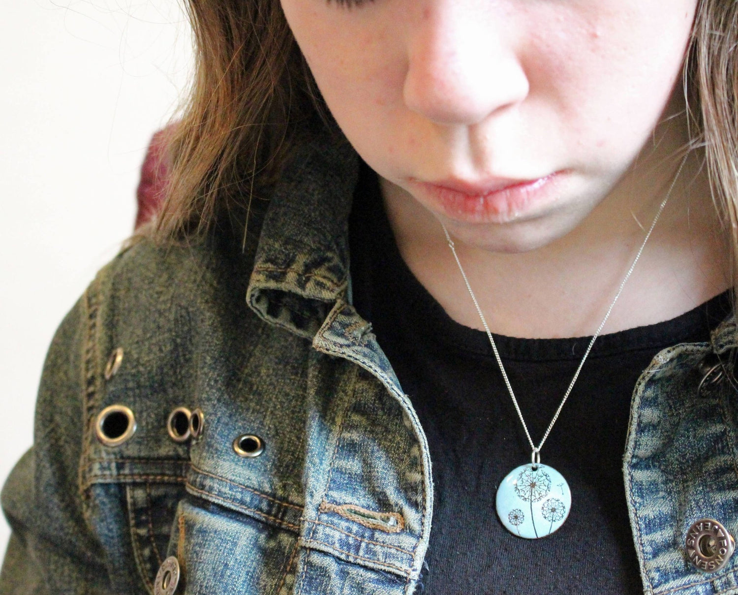 Dandelion Enamel Pendant on 18' sterling silver chain available in blue, green, lilac/pink. - Katie Johnston Jewellery