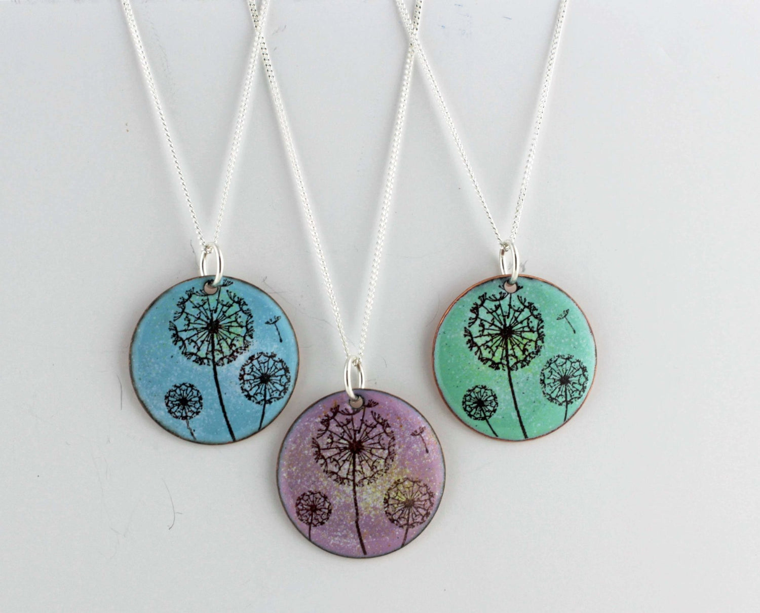 Dandelion Enamel Pendant on 18' sterling silver chain available in blue, green, lilac/pink. - Katie Johnston Jewellery