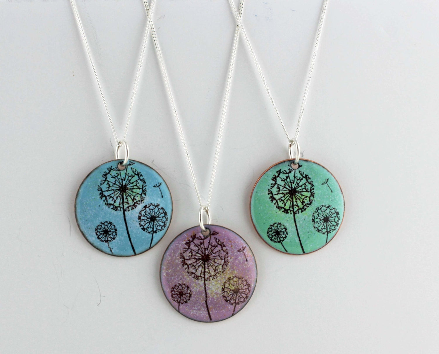 Dandelion Enamel Pendant on 18' sterling silver chain available in blue, green, lilac/pink. - Katie Johnston Jewellery
