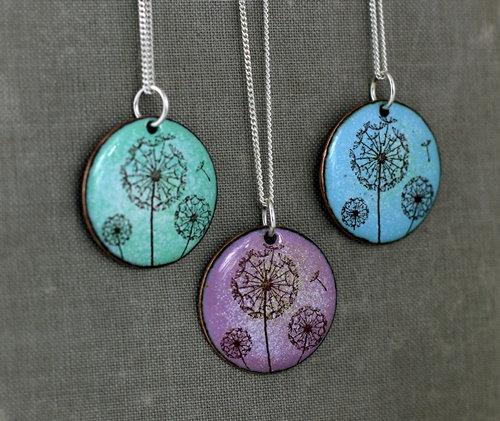 Dandelion Enamel Pendant on 18' sterling silver chain available in blue, green, lilac/pink. - Katie Johnston Jewellery