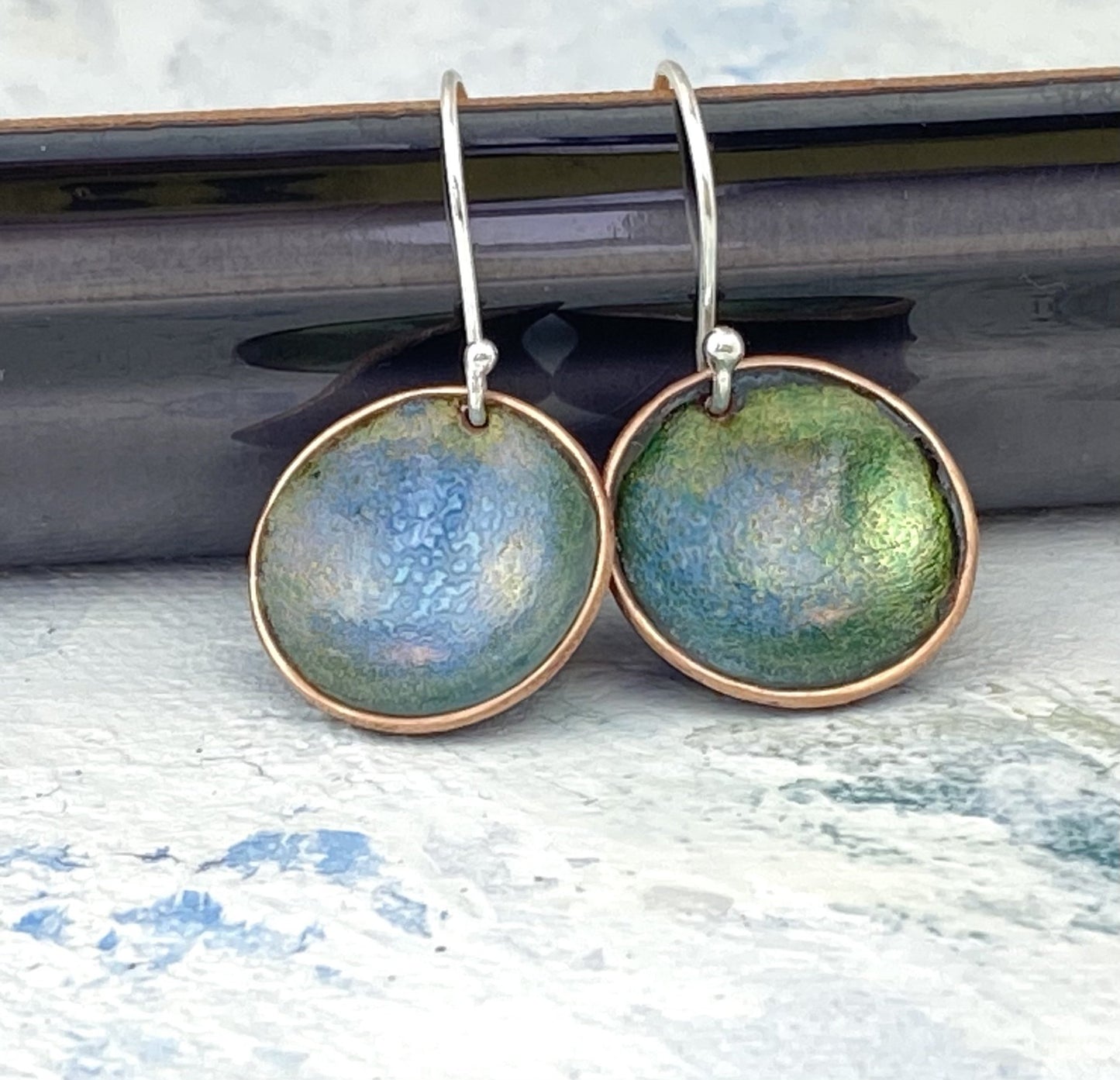 Enamel 'bowl' drop earrings. Little copper bowls filled with enamel on sterling silver wires. - Katie Johnston Jewellery