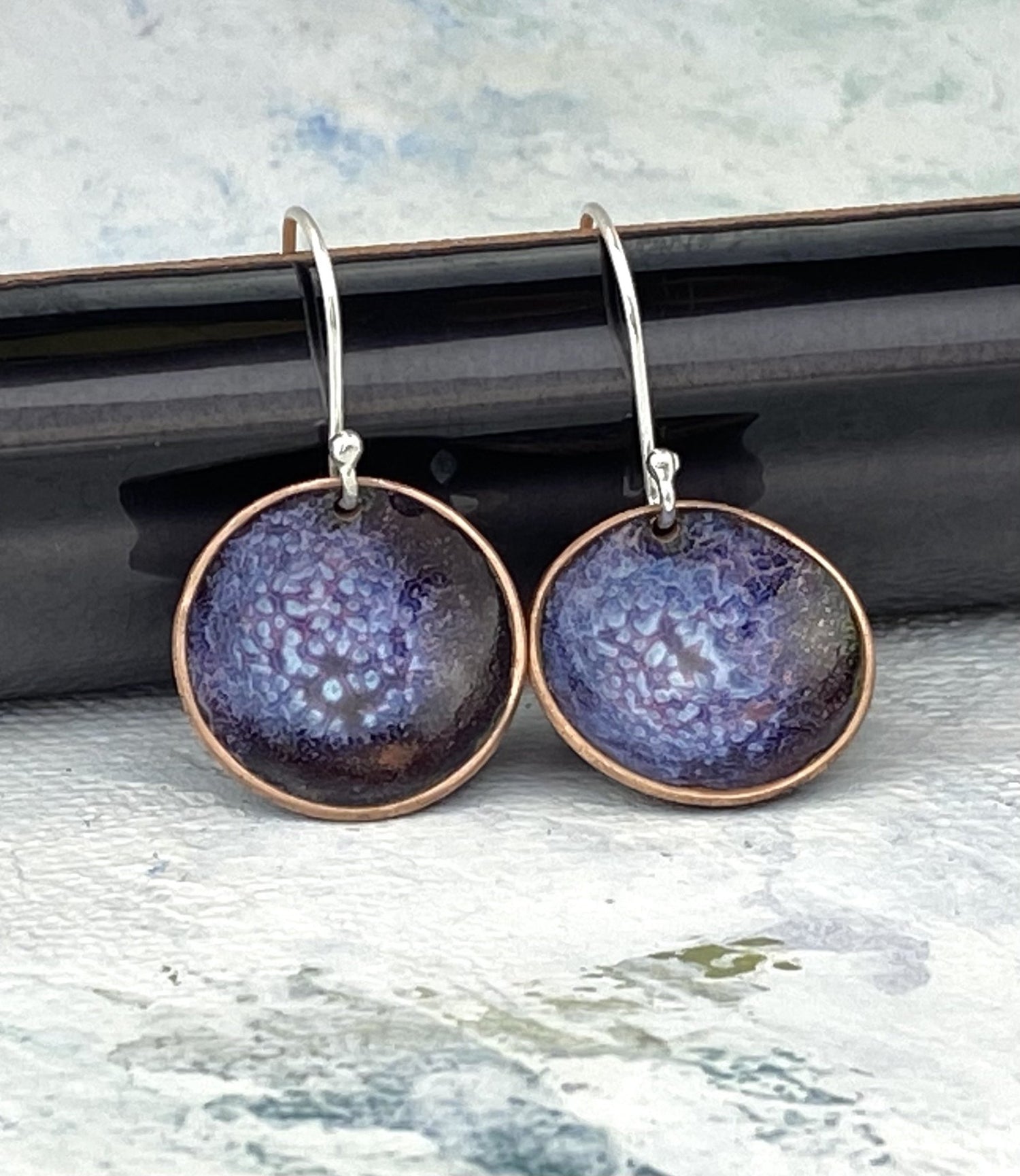 Enamel 'bowl' drop earrings. Little copper bowls filled with enamel on sterling silver wires. - Katie Johnston Jewellery
