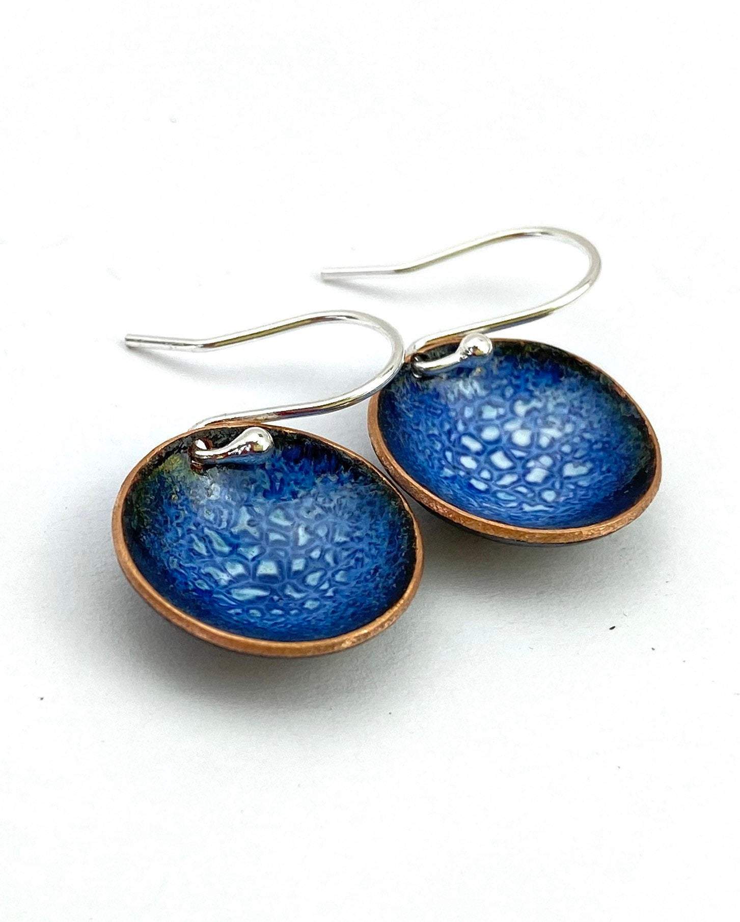Enamel 'bowl' drop earrings. Little copper bowls filled with enamel on sterling silver wires. - Katie Johnston Jewellery