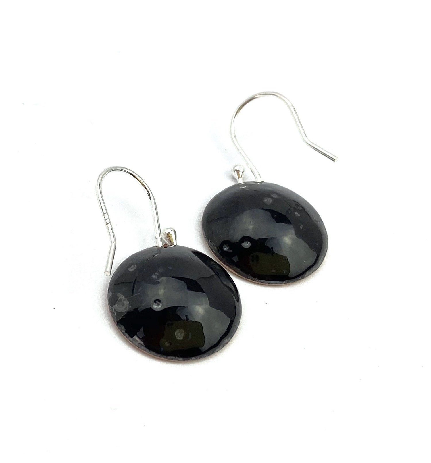 Enamel 'bowl' drop earrings. Little copper bowls filled with enamel on sterling silver wires. - Katie Johnston Jewellery
