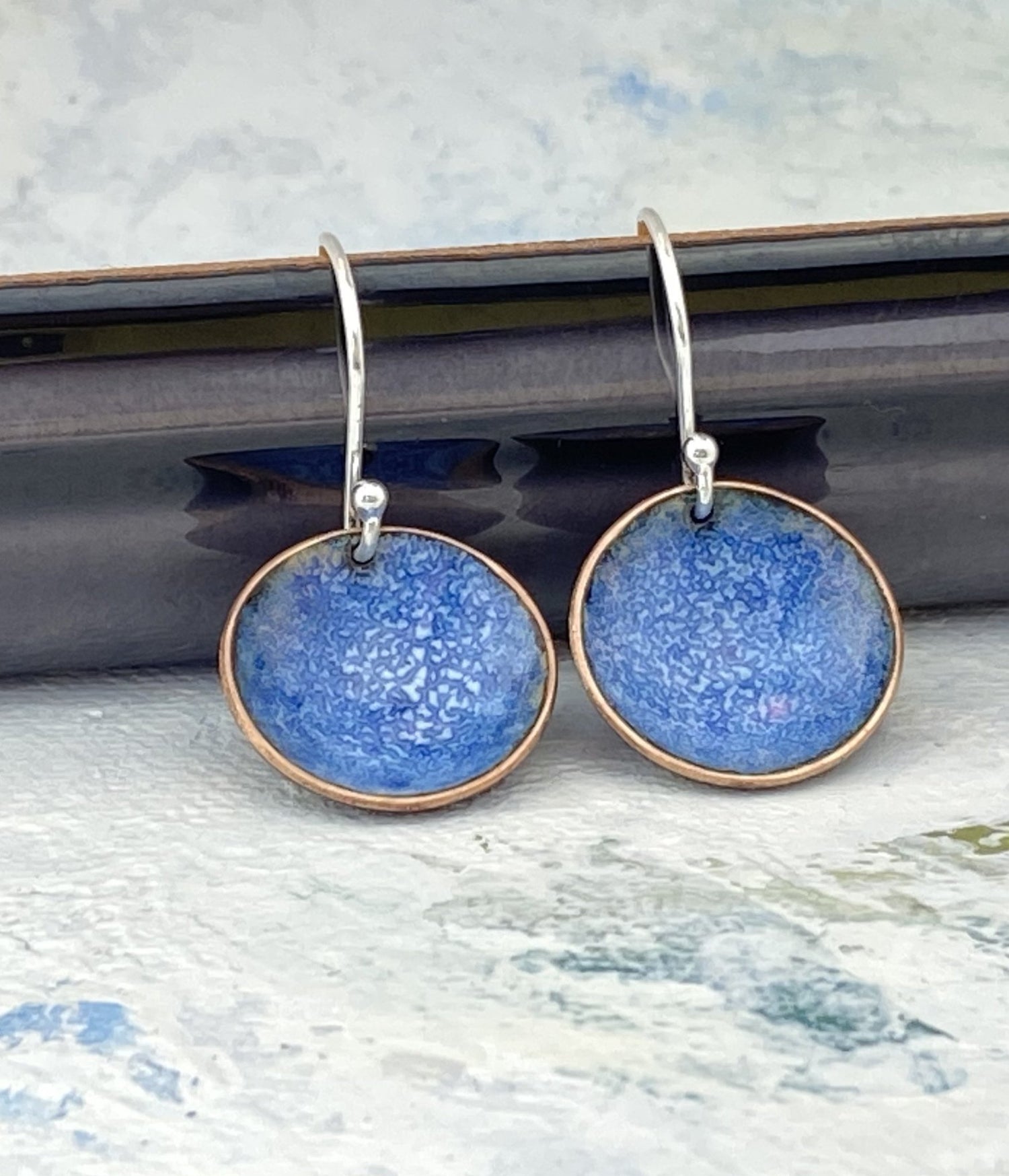 Enamel 'bowl' drop earrings. Little copper bowls filled with enamel on sterling silver wires. - Katie Johnston Jewellery