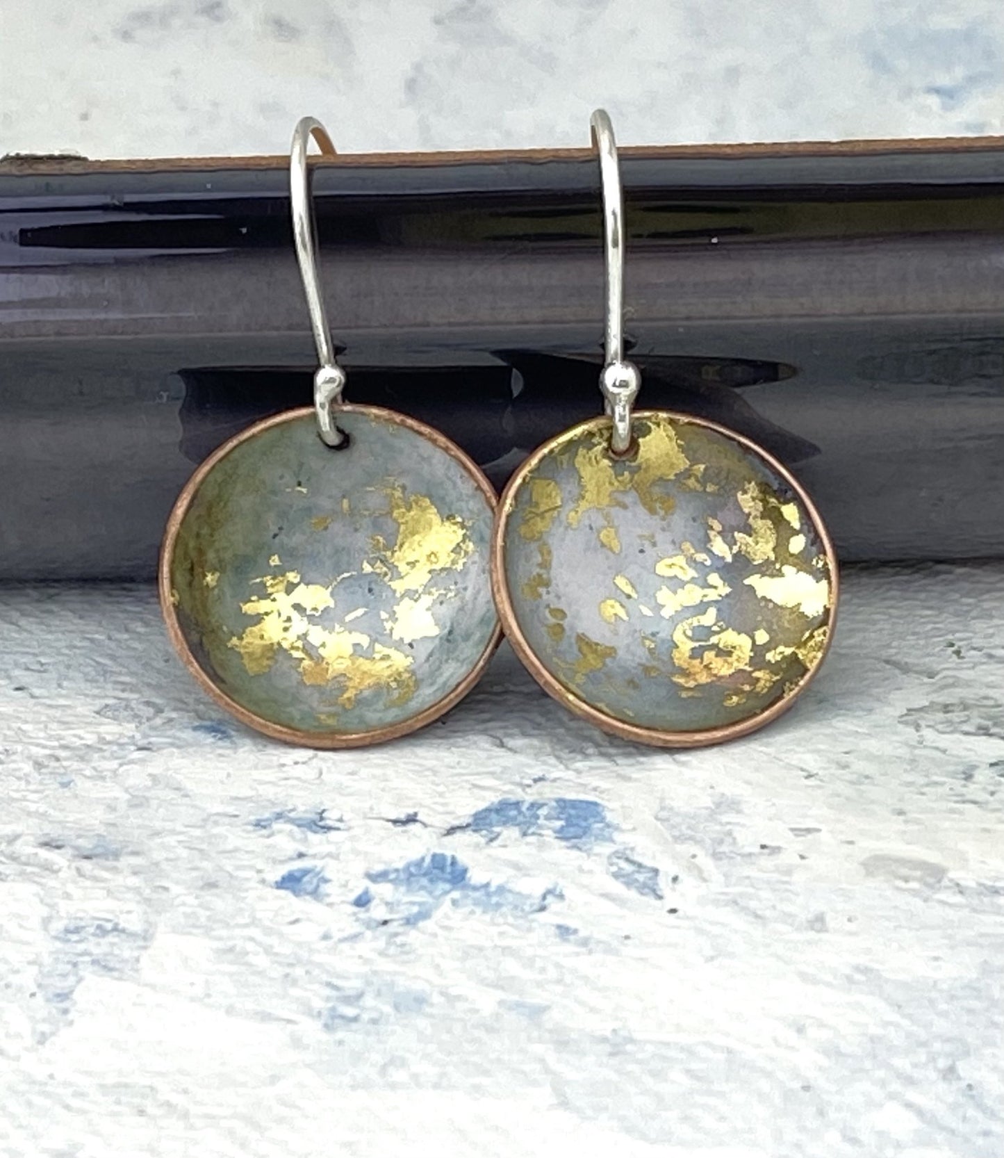 Enamel 'bowl' drop earrings. Little copper bowls filled with enamel on sterling silver wires. - Katie Johnston Jewellery