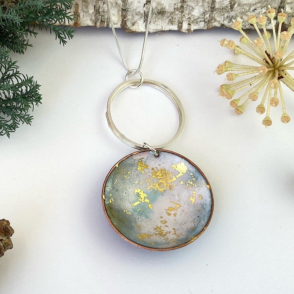 Enamel ‘bowl’ statement pendant - white 24ct gold foil, sterling silver hoop & chain - Katie Johnston Jewellery