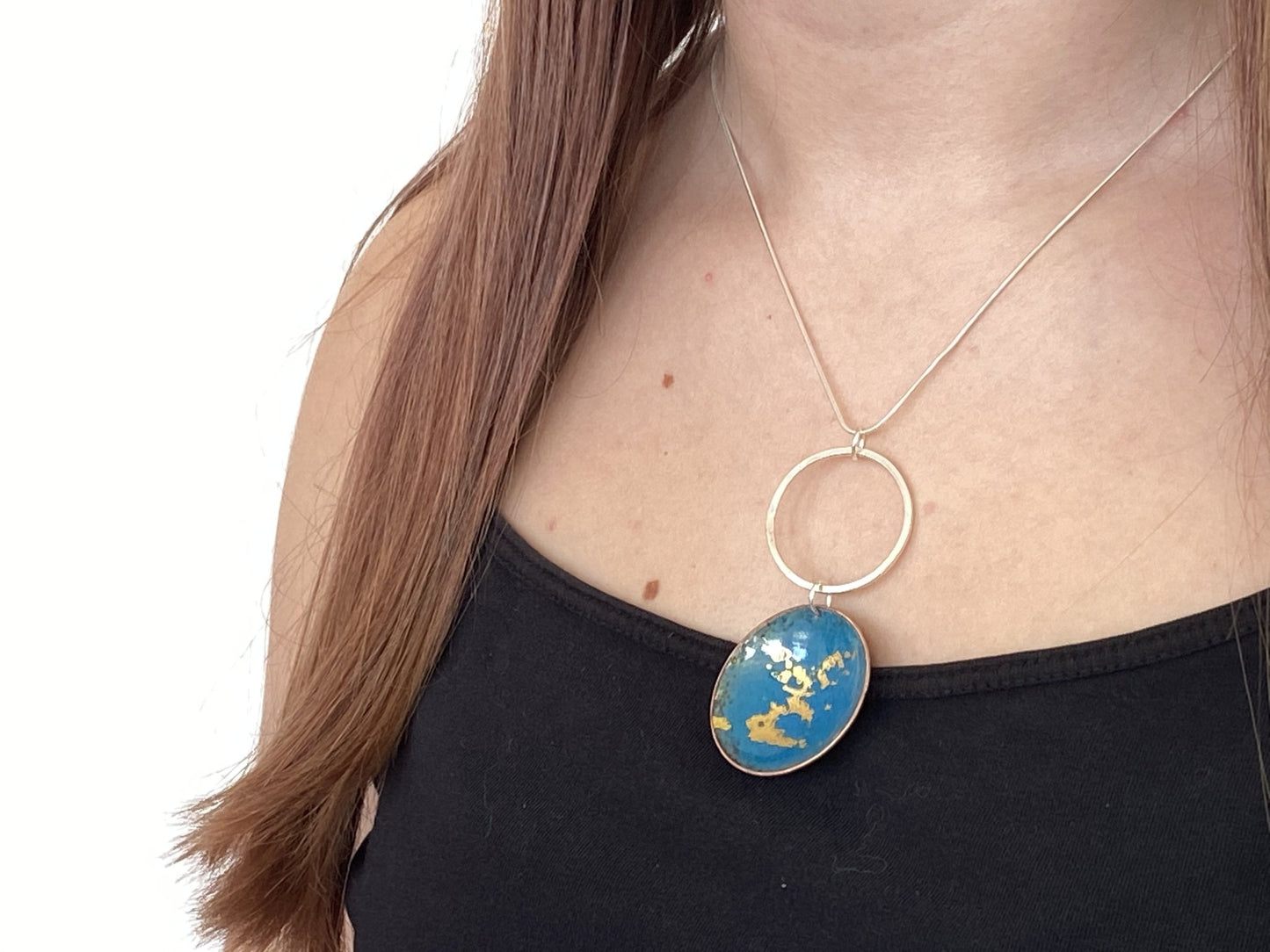 Round Enamel ‘bowl’ teal and 24cc gold foil statement pendant - , sterling silver hoop & chain - Katie Johnston Jewellery