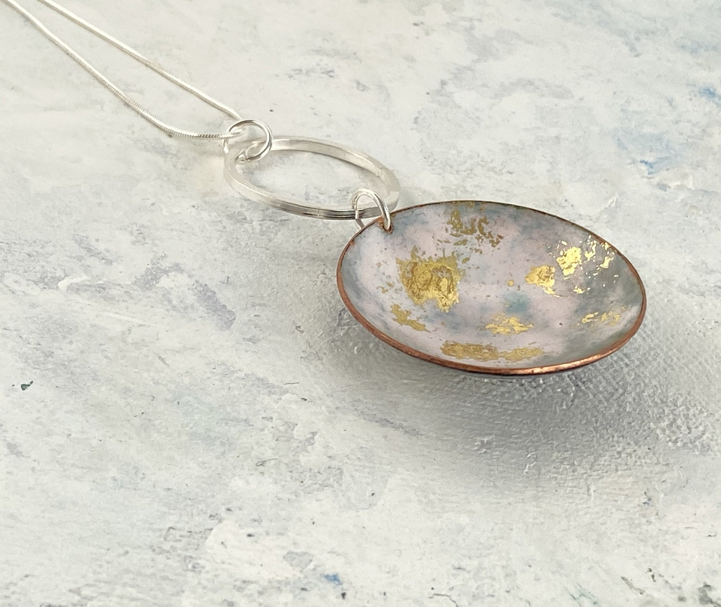 Enamel ‘bowl’ statement pendant - Little copper 'bowls' filled with enamel 24ct foil, sterling silver hoop & chain - Katie Johnston Jewellery