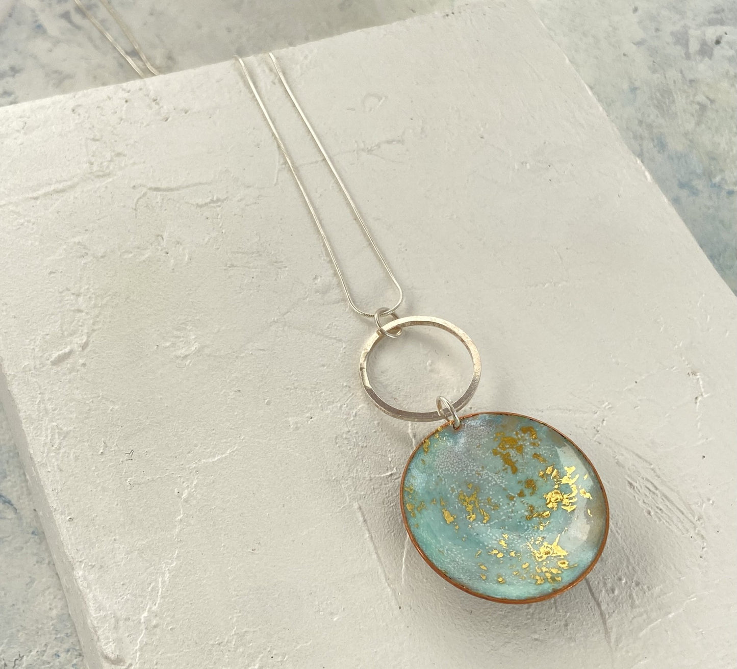 Enamel ‘bowl’ statement pendant - Little copper 'bowls' filled with enamel 24ct foil, sterling silver hoop & chain - Katie Johnston Jewellery