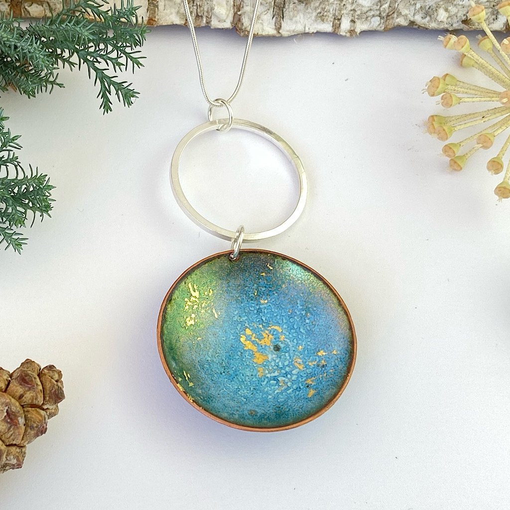 Round Enamel bowl bronze green statement pendant - sterling silver hoop & chain - Katie Johnston Jewellery