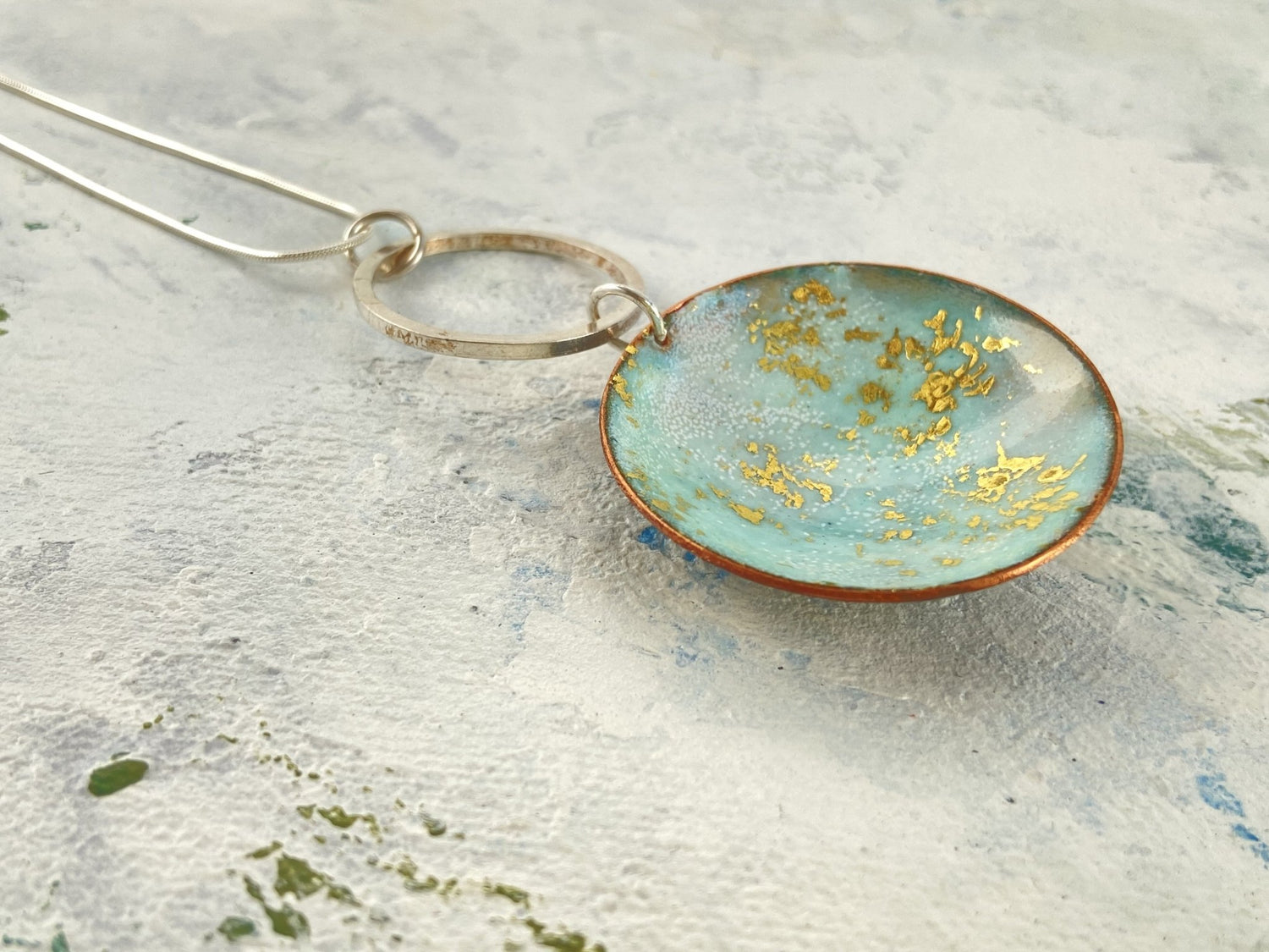 Round Enamel ‘bowl’ with turquoise and 24ct gold foil sterling silver hoop & chain - Katie Johnston Jewellery