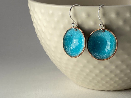 Enamel copper round bowl drop earrings- turquoise - Katie Johnston Jewellery