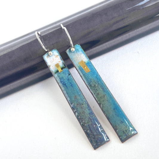 Enamel long rectangular dangle earrings with gold - Blue, green Purple - Katie Johnston Jewellery