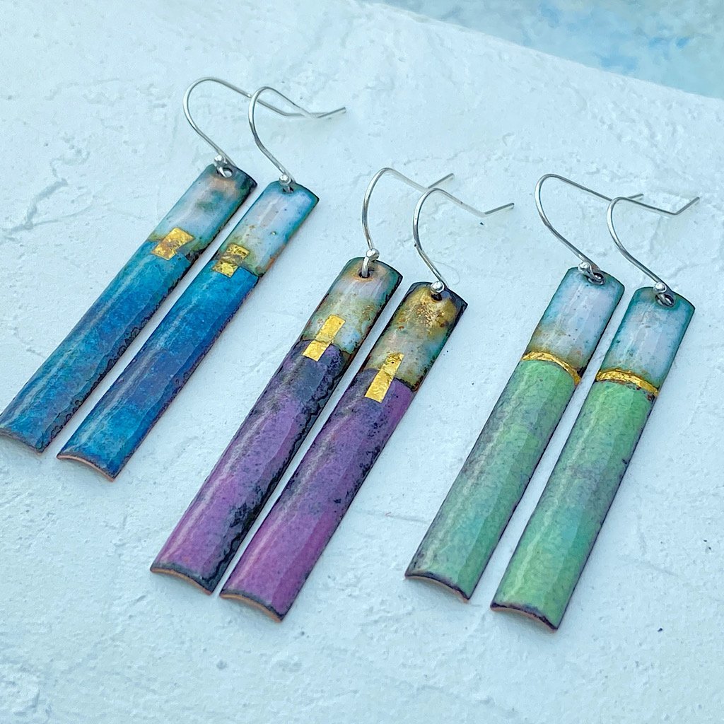 Enamel long rectangular dangle earrings with gold - Blue, green Purple - Katie Johnston Jewellery