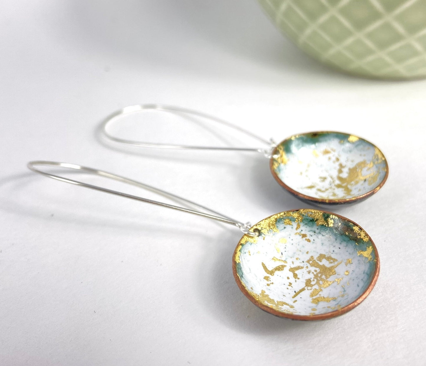 Expansion enamel 'bowl" earrings on long silver wires white/gold - Katie Johnston Jewellery