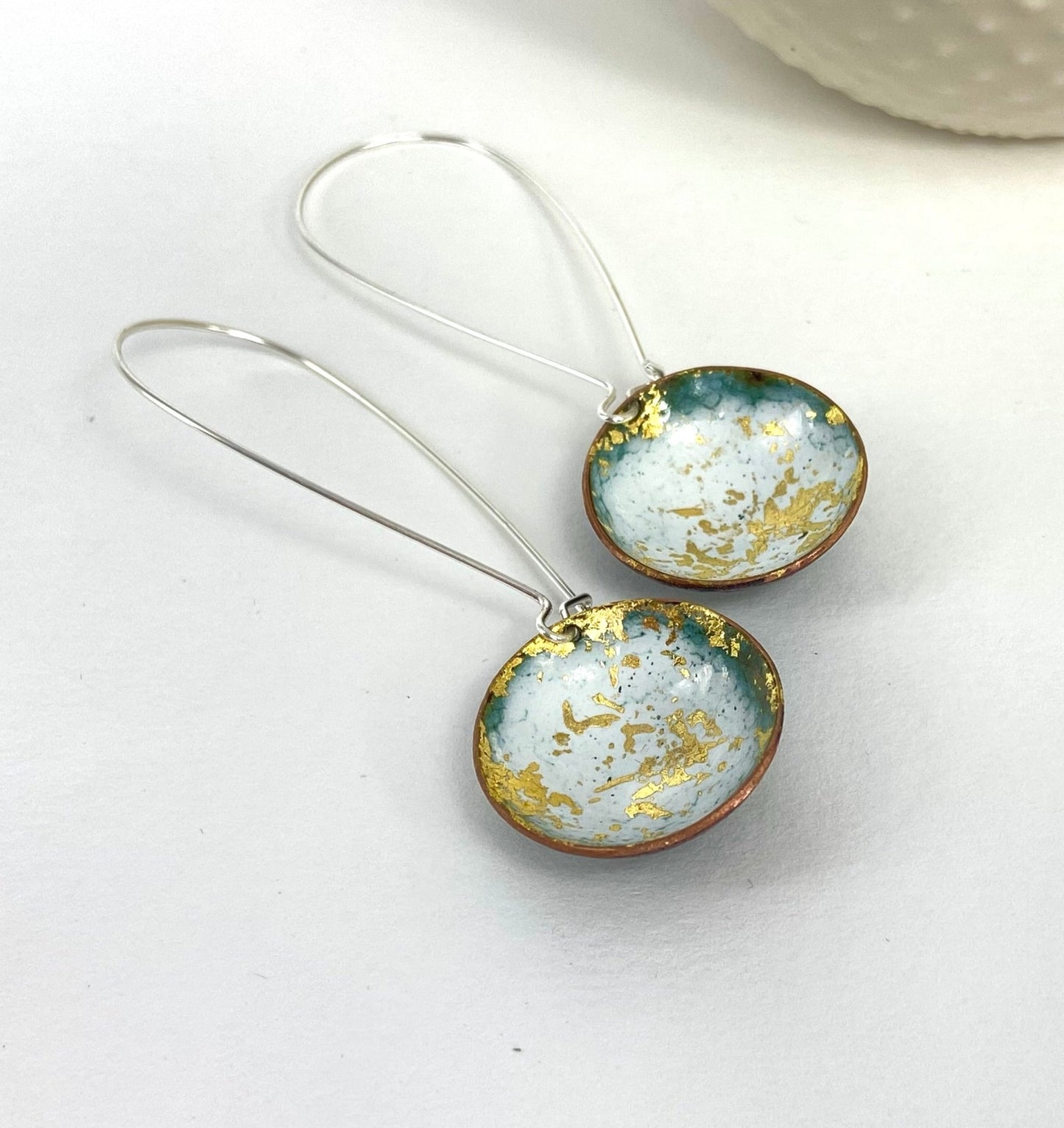 Expansion enamel 'bowl" earrings on long silver wires white/gold - Katie Johnston Jewellery
