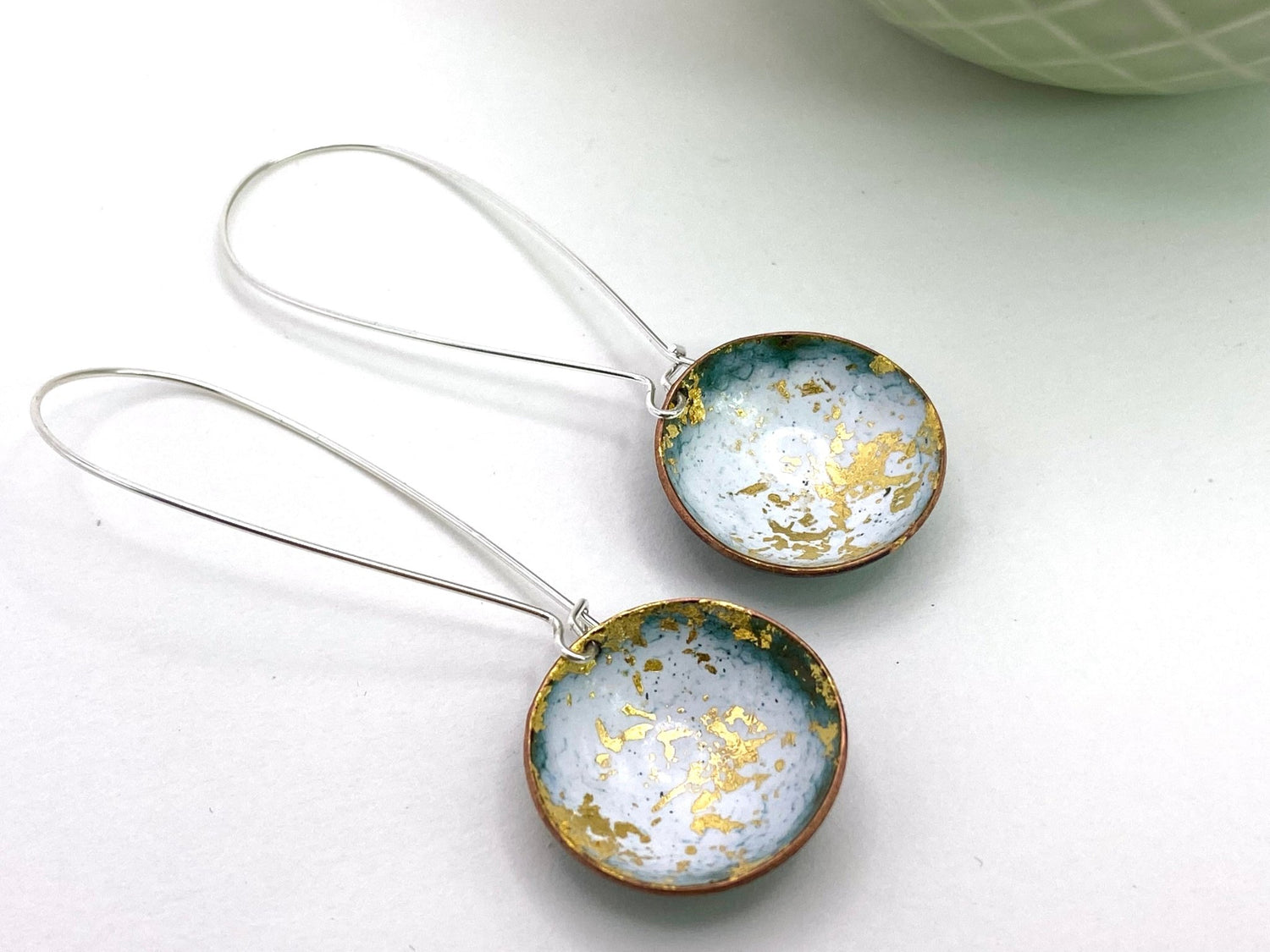 Expansion enamel 'bowl" earrings on long silver wires white/gold - Katie Johnston Jewellery