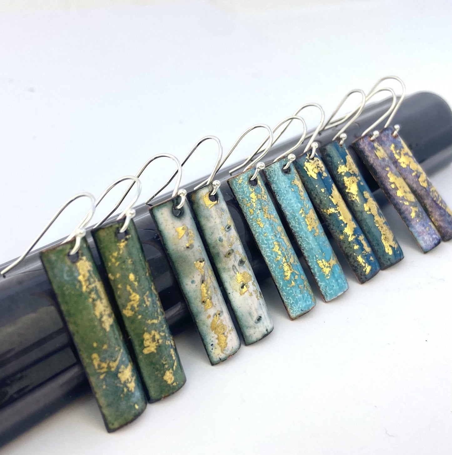 Expansion rectangular drop earrings - green/gold - Katie Johnston Jewellery