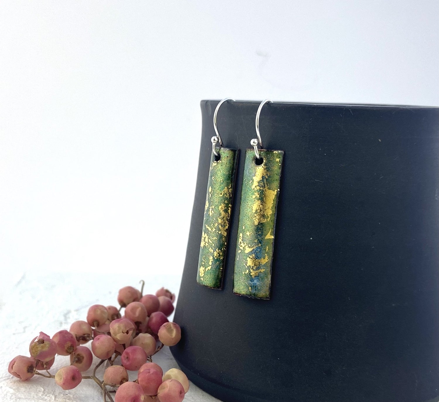 Expansion rectangular drop earrings - green/gold - Katie Johnston Jewellery
