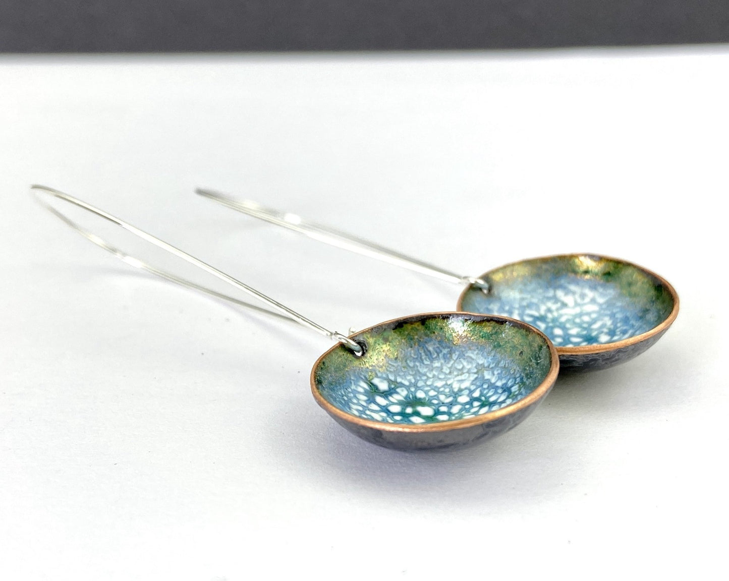 Green 'bowl' long drop enamel earrings - Katie Johnston Jewellery