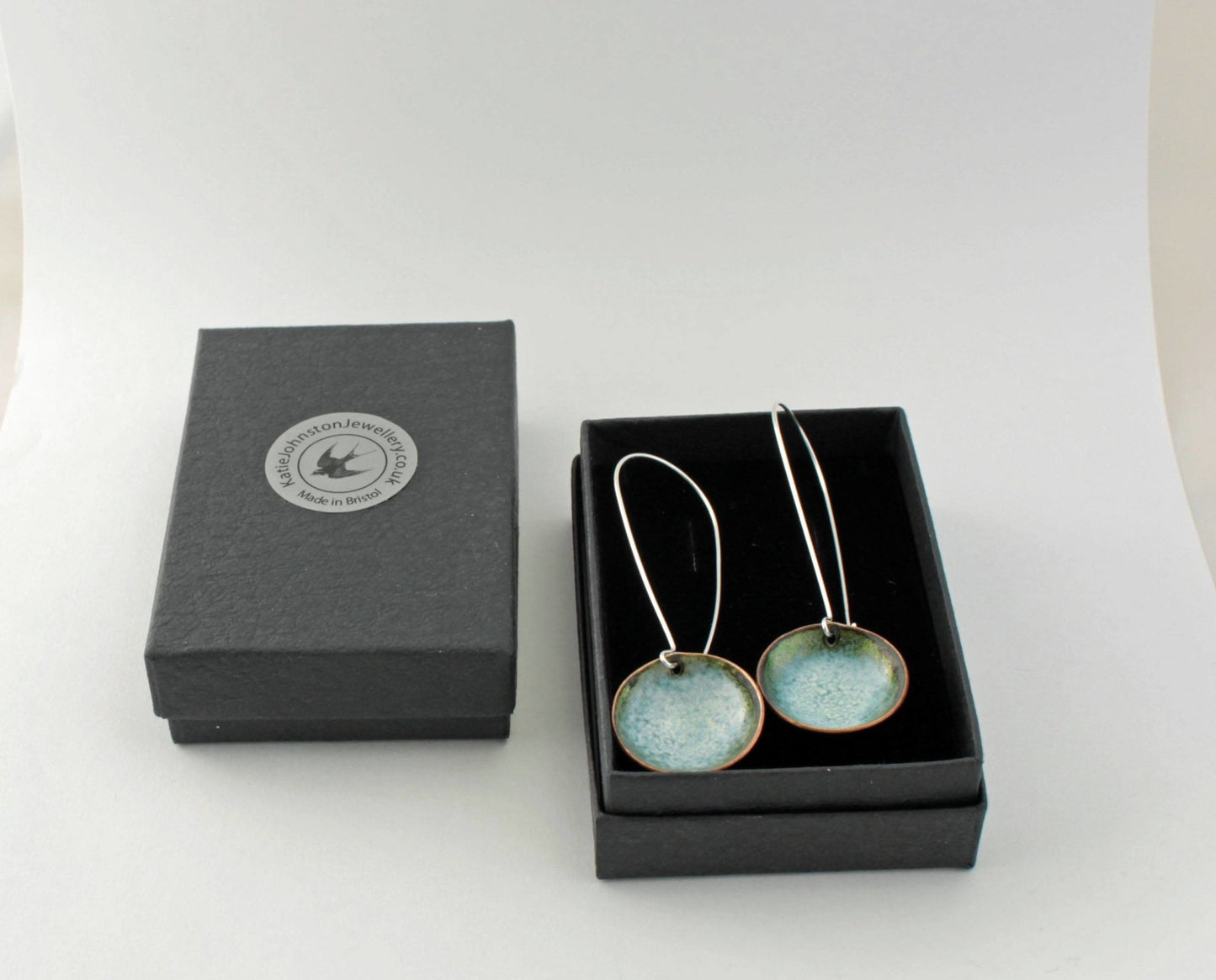 Green 'bowl' long drop enamel earrings - Katie Johnston Jewellery