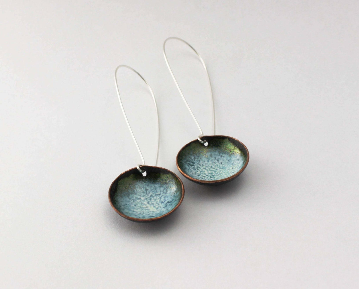 Green 'bowl' long drop enamel earrings - Katie Johnston Jewellery