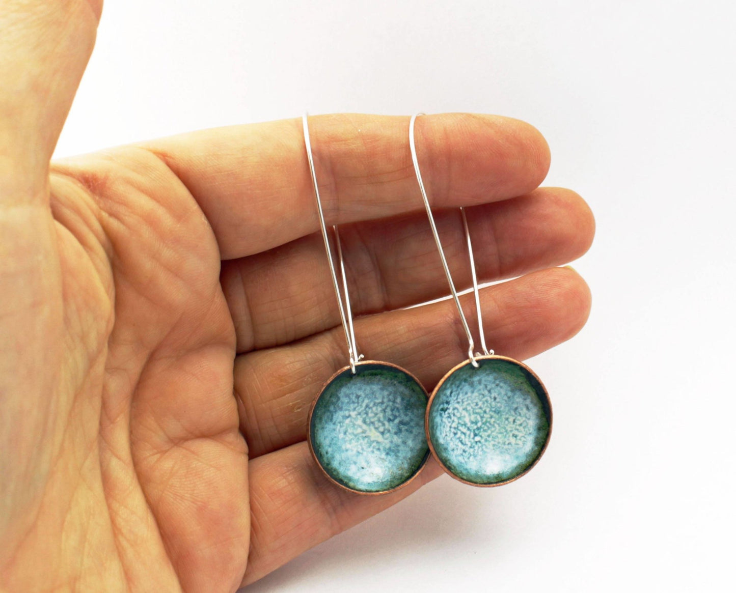 Green 'bowl' long drop enamel earrings - Katie Johnston Jewellery