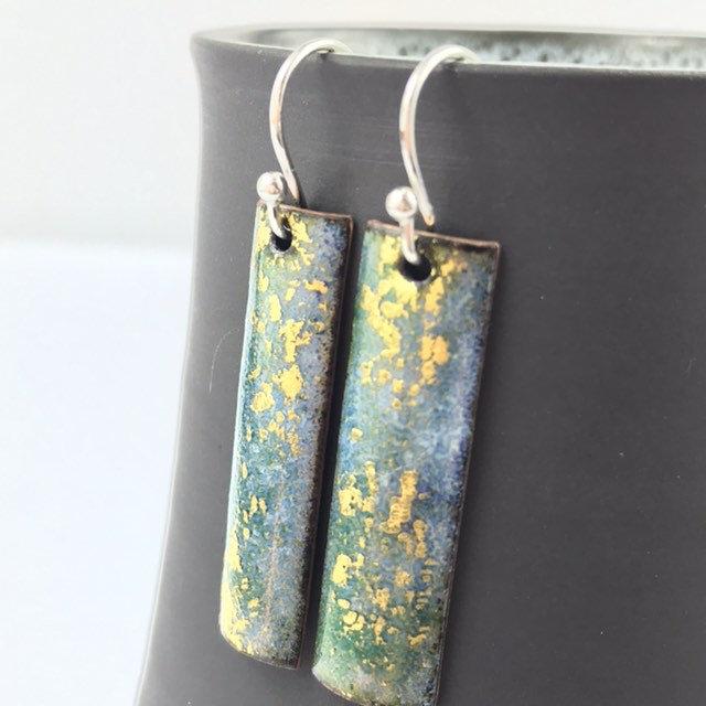 Green & gold rectangular drop earrings. - Katie Johnston Jewellery