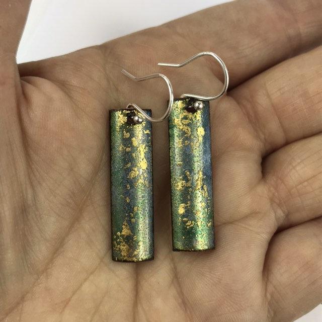 Green & gold rectangular drop earrings. - Katie Johnston Jewellery