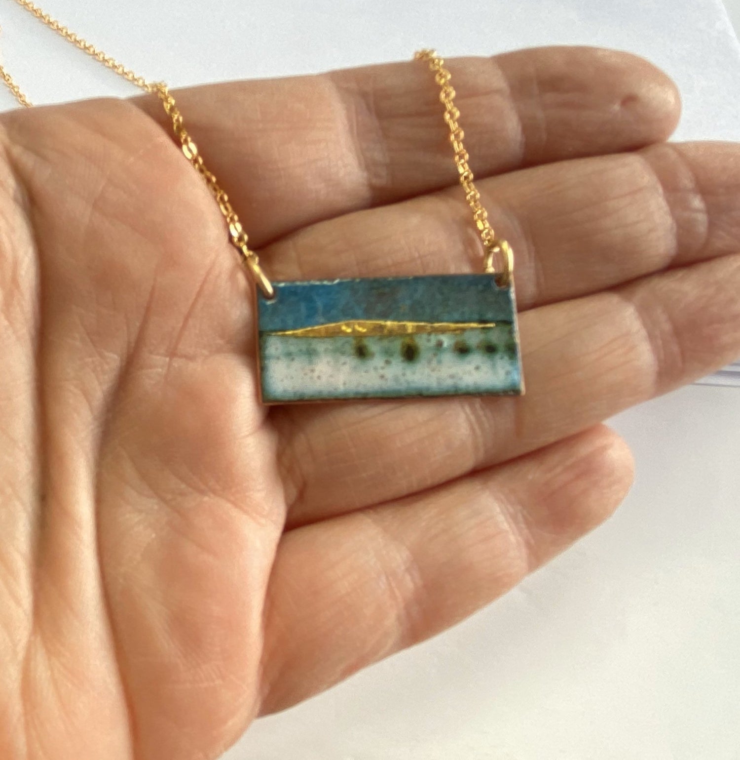Landscape rectangle bar necklace in blue or green on gold plated chain - Katie Johnston Jewellery