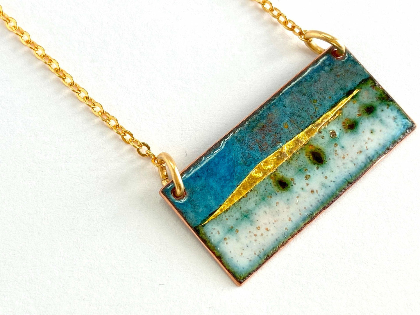Landscape rectangle bar necklace in blue or green on gold plated chain - Katie Johnston Jewellery