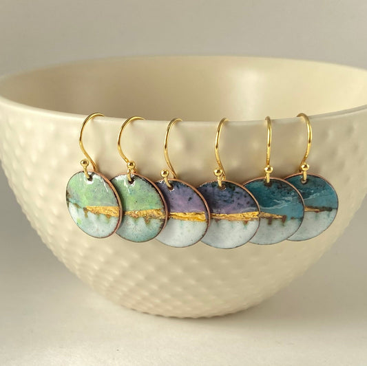 Landscape round enamel earrings - Green, blue or purple - Katie Johnston Jewellery