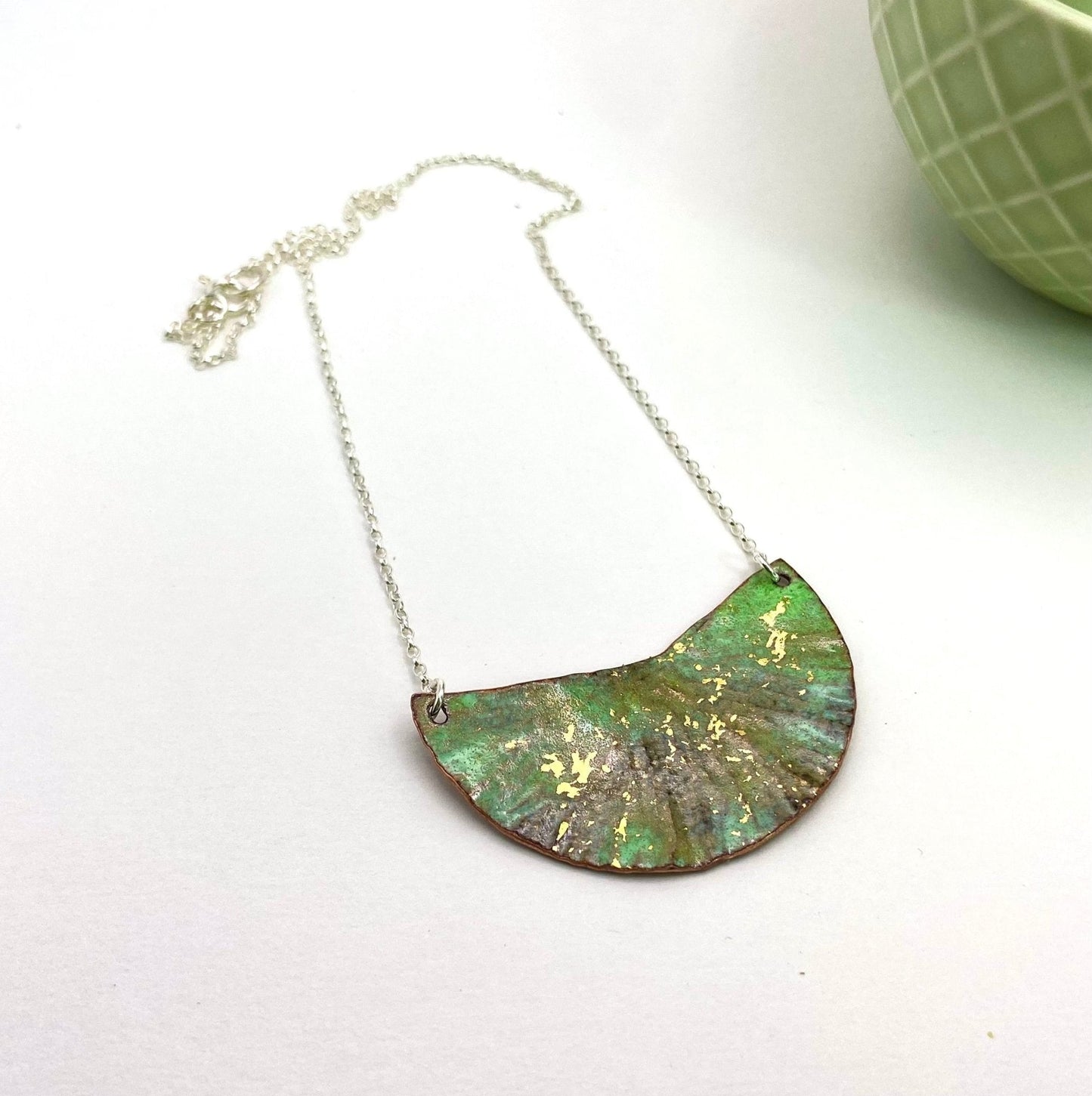 Ripple green and gold enamel copper half moon silver statement pendant necklace - Katie Johnston Jewellery