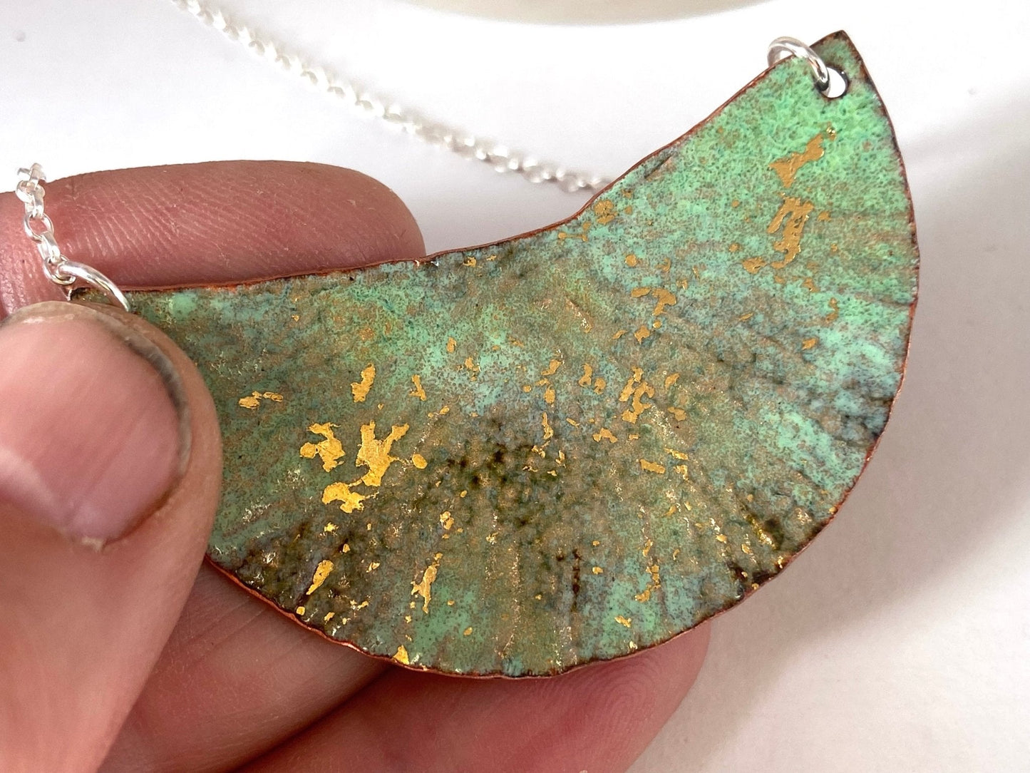 Ripple green and gold enamel copper half moon silver statement pendant necklace - Katie Johnston Jewellery