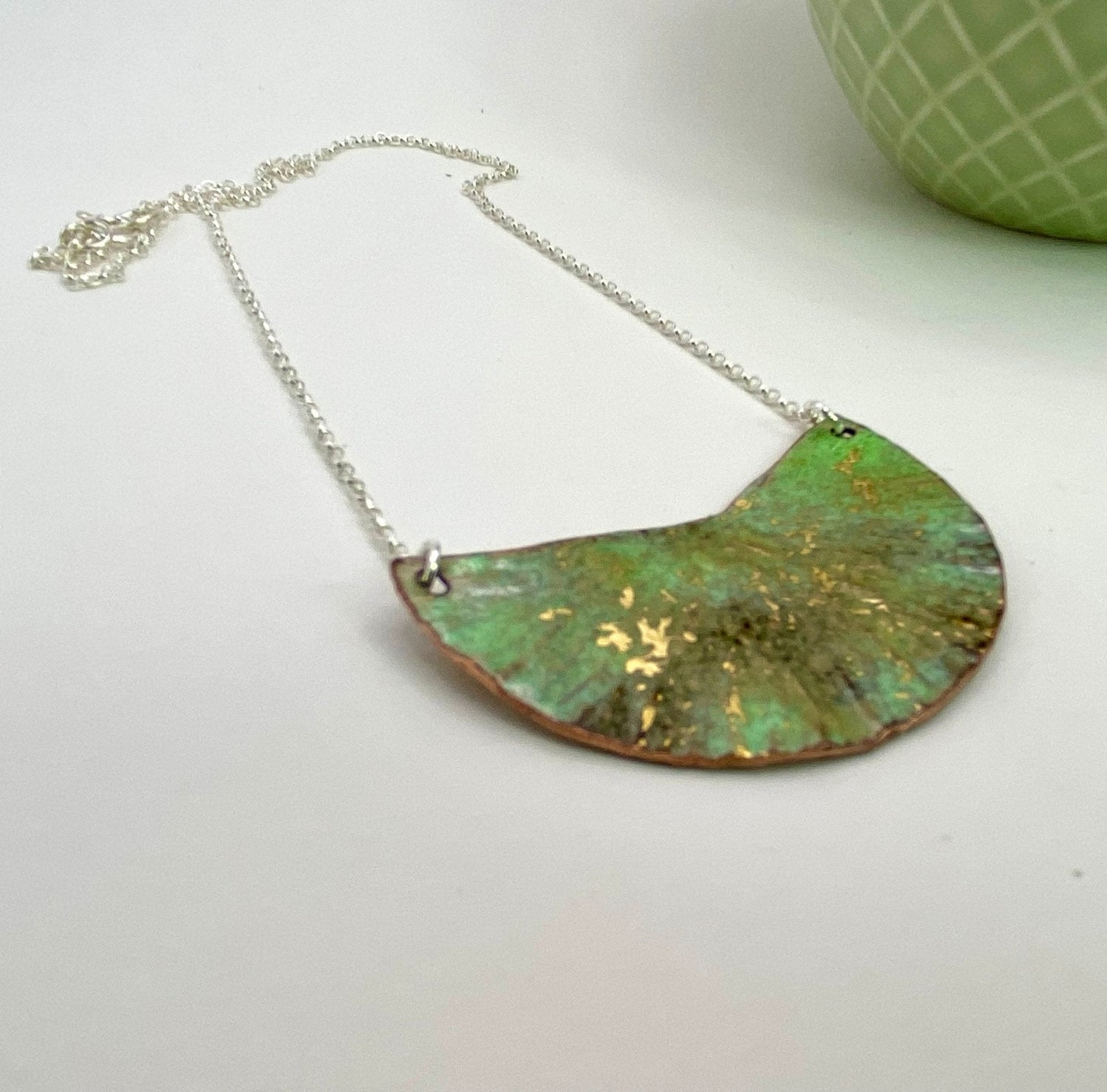 Ripple green and gold enamel copper half moon silver statement pendant necklace - Katie Johnston Jewellery