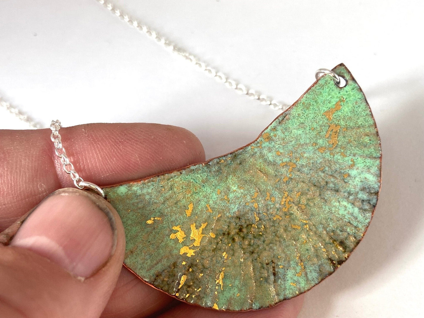 Ripple green and gold enamel copper half moon silver statement pendant necklace - Katie Johnston Jewellery