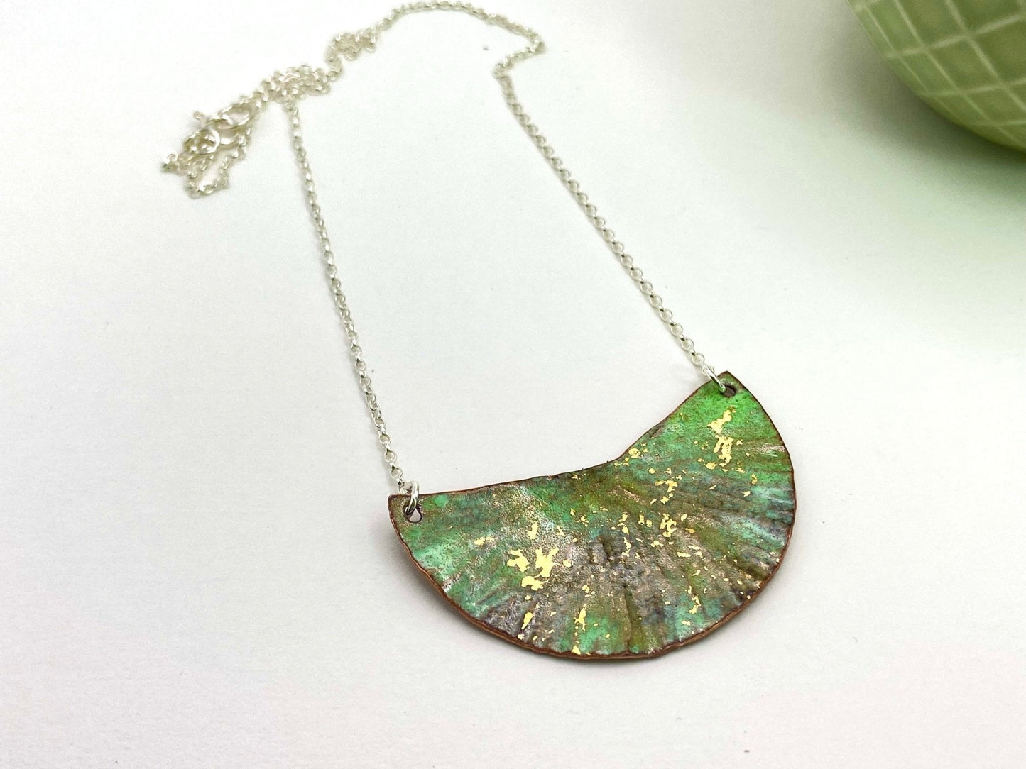 Ripple green and gold enamel copper half moon silver statement pendant necklace - Katie Johnston Jewellery