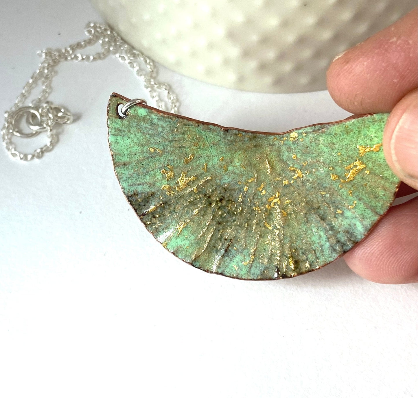 Ripple green and gold enamel copper half moon silver statement pendant necklace - Katie Johnston Jewellery