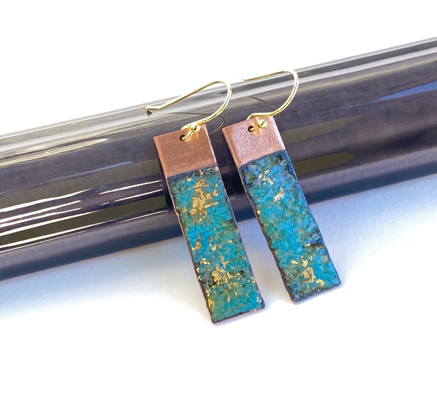 Ripple Seascape Textured enamel rectangle copper earrings - Green or Blue - Katie Johnston Jewellery