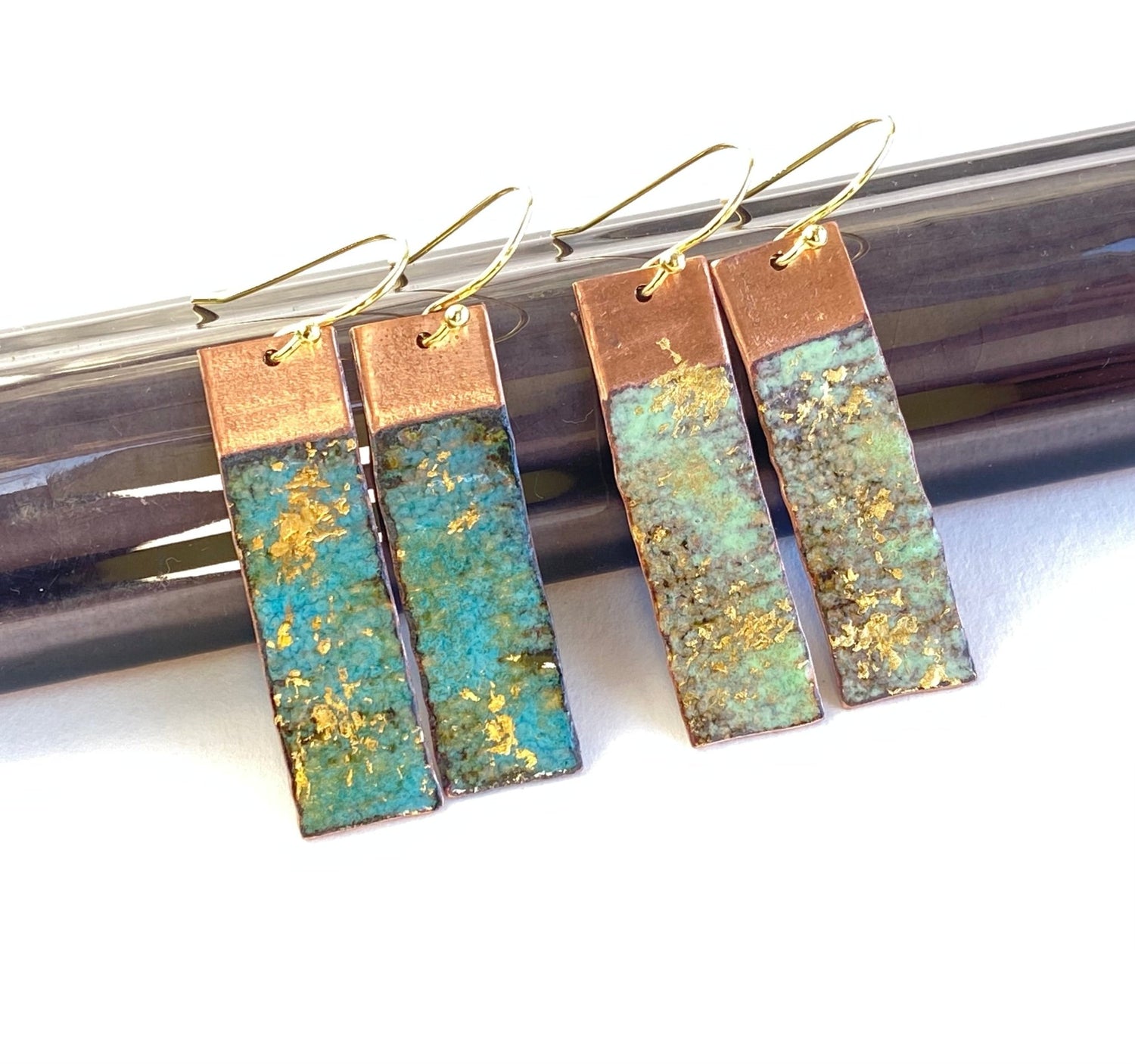 Ripple Seascape Textured enamel rectangle copper earrings - Green or Blue - Katie Johnston Jewellery