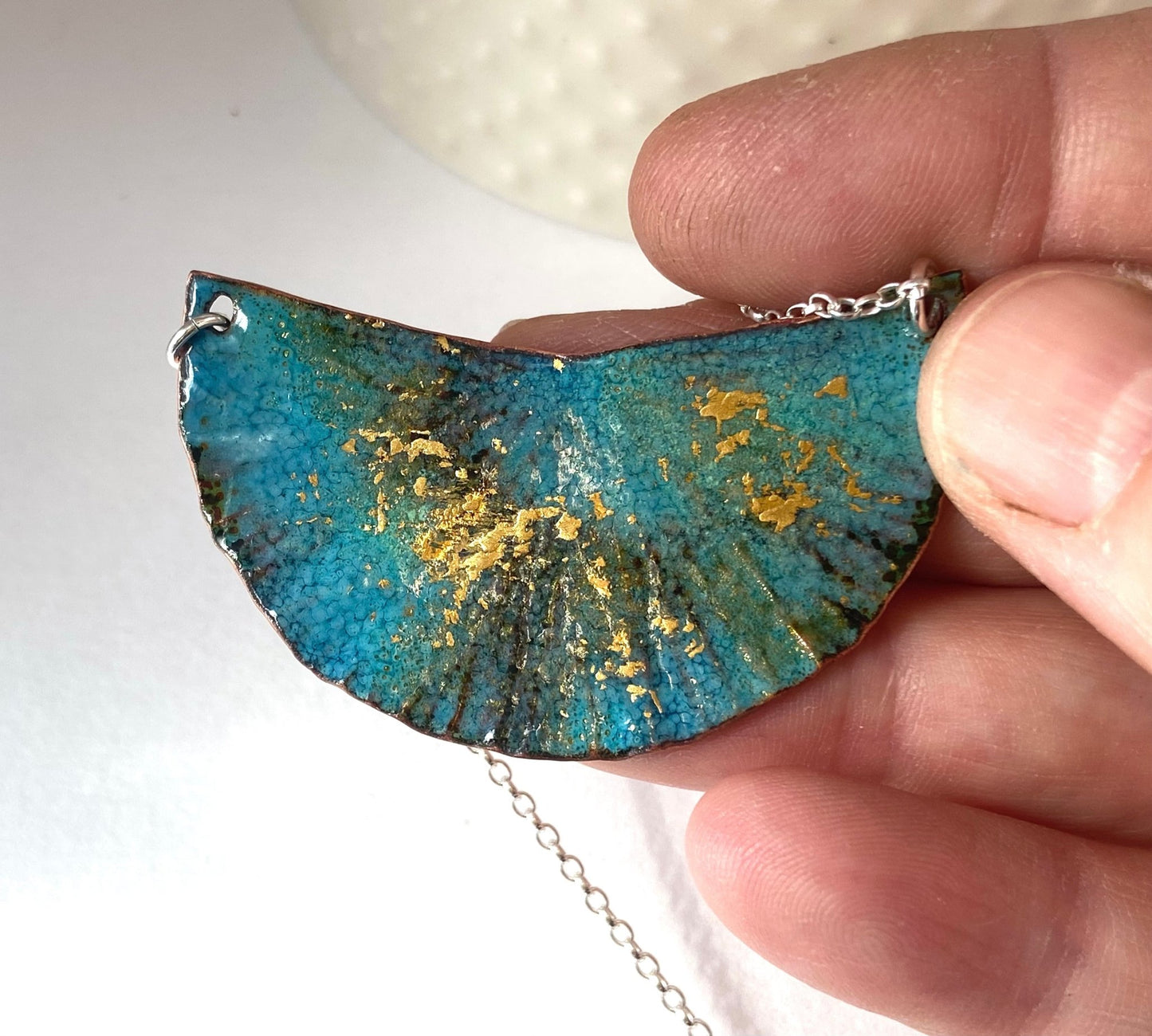 Ripple teal blue and gold enamel copper half moon silver statement pendant necklace - Katie Johnston Jewellery