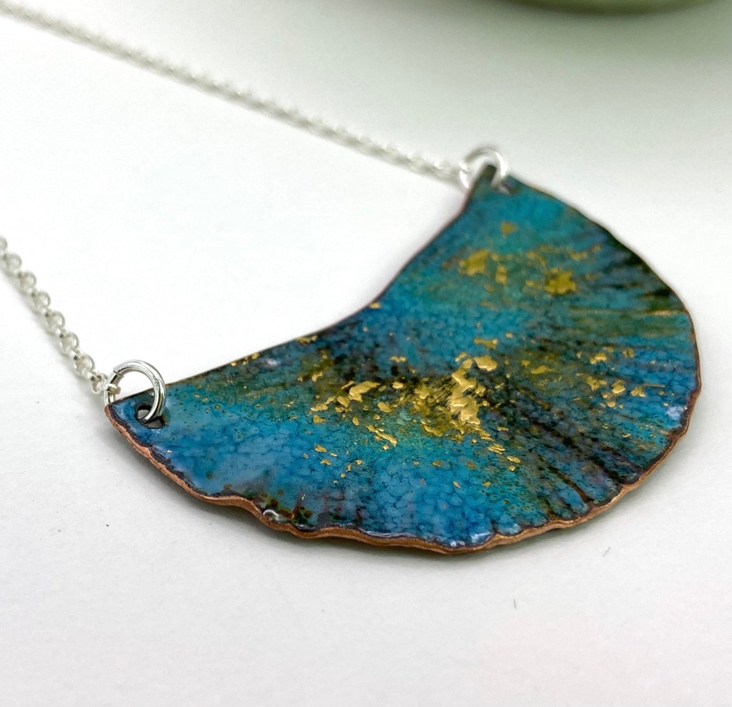 Ripple teal blue and gold enamel copper half moon silver statement pendant necklace - Katie Johnston Jewellery
