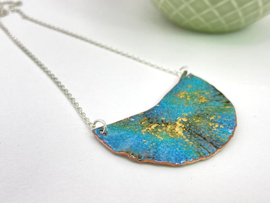 Ripple teal blue and gold enamel copper half moon silver statement pendant necklace - Katie Johnston Jewellery